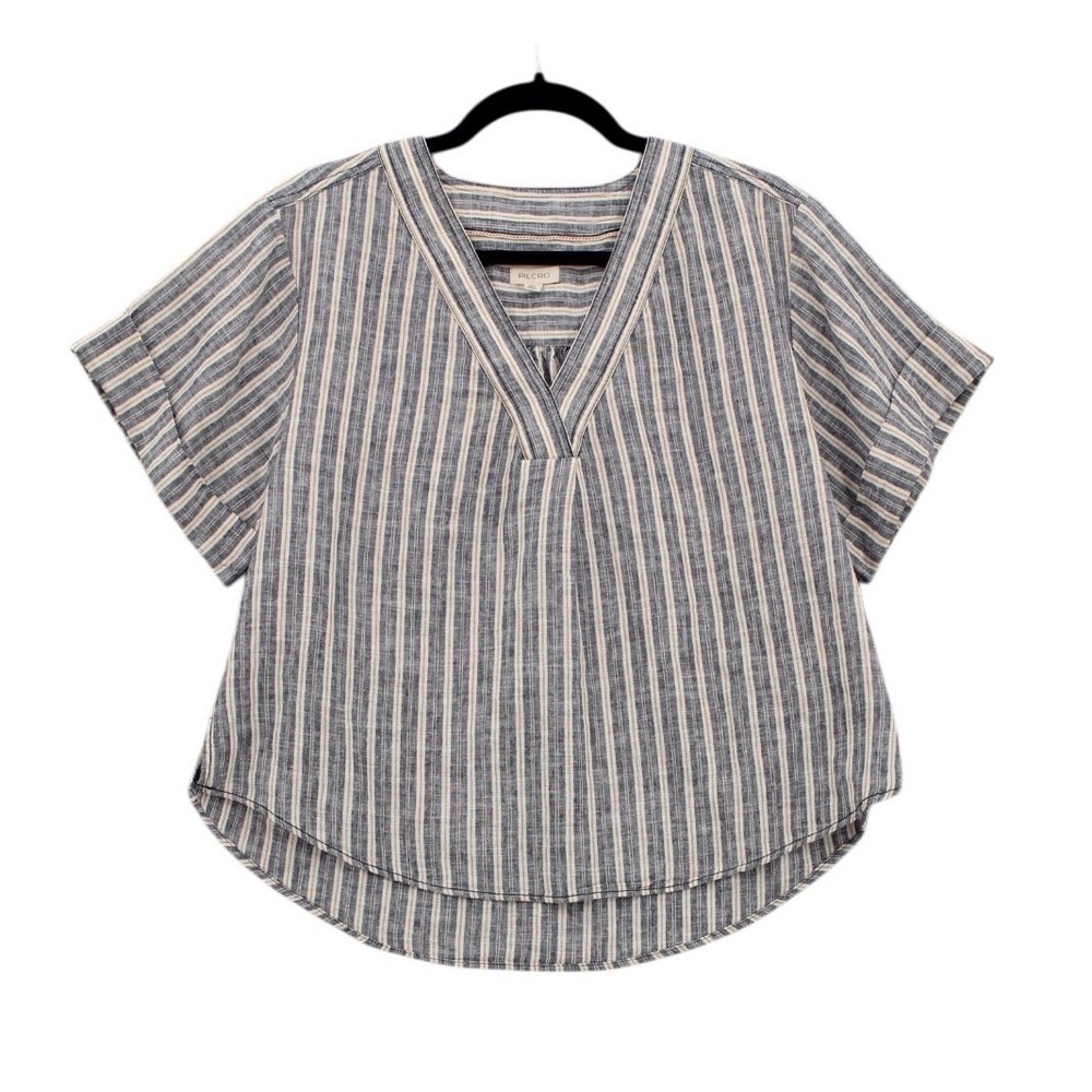 Pilcro Anthropologie Linen Henley Suft Shirt Women's size S Striped Navy